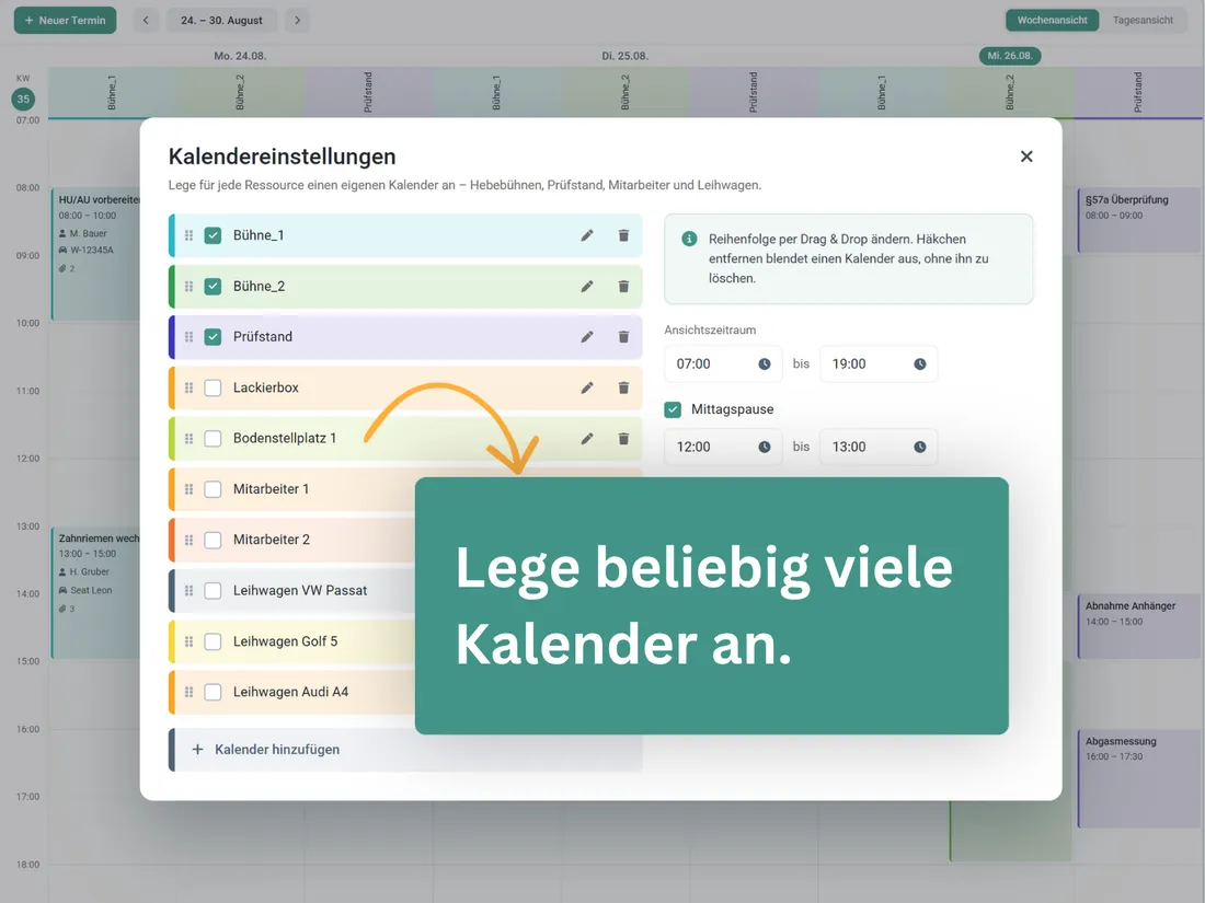 Kalendereinstellungen zum Anlegen mehrerer Kalender für Hebebühnen und Mitarbeiter