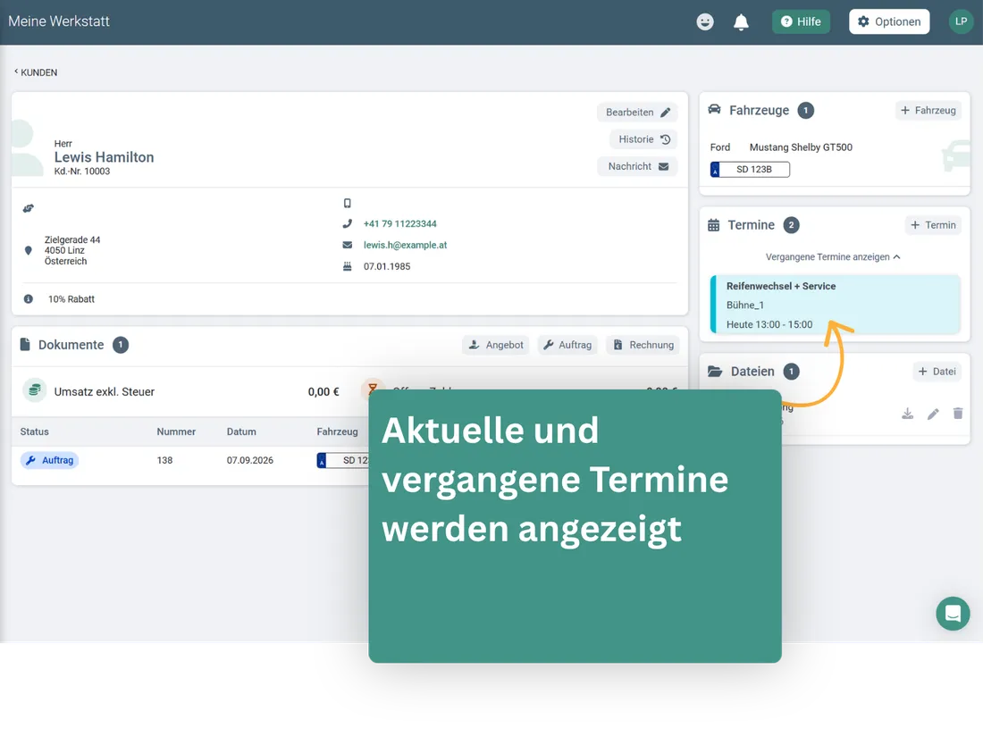 Aktuelle und vergangene Termine direkt beim Kunden und Fahrzeug sichtbar