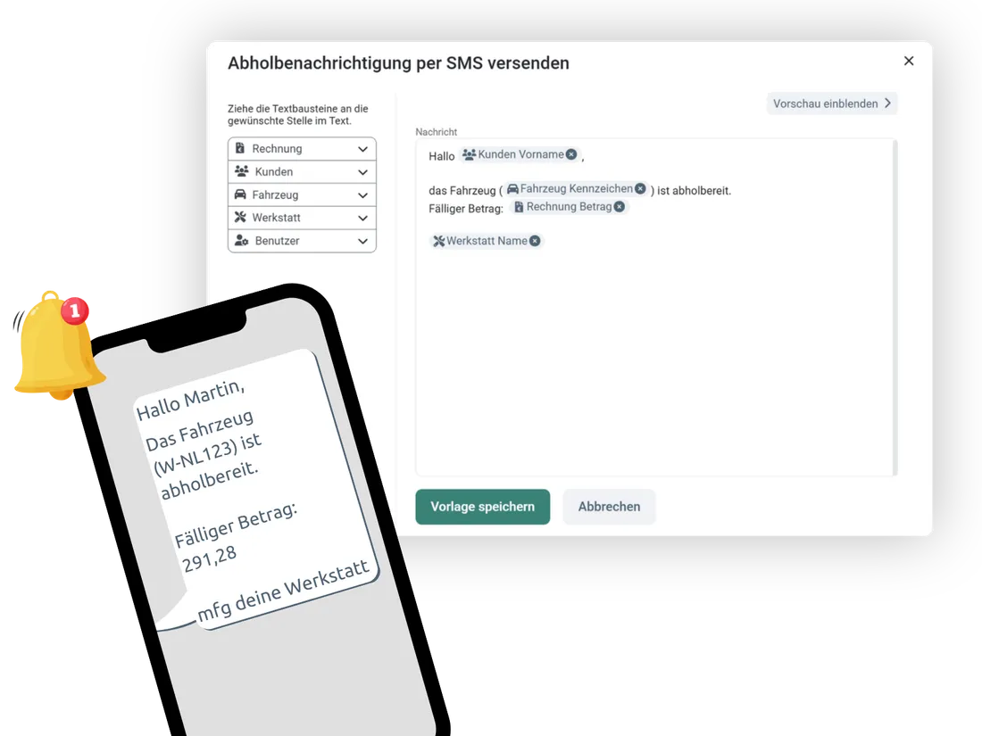 SMS-Abholbenachrichtigung an den Kunden in easyWerkstatt