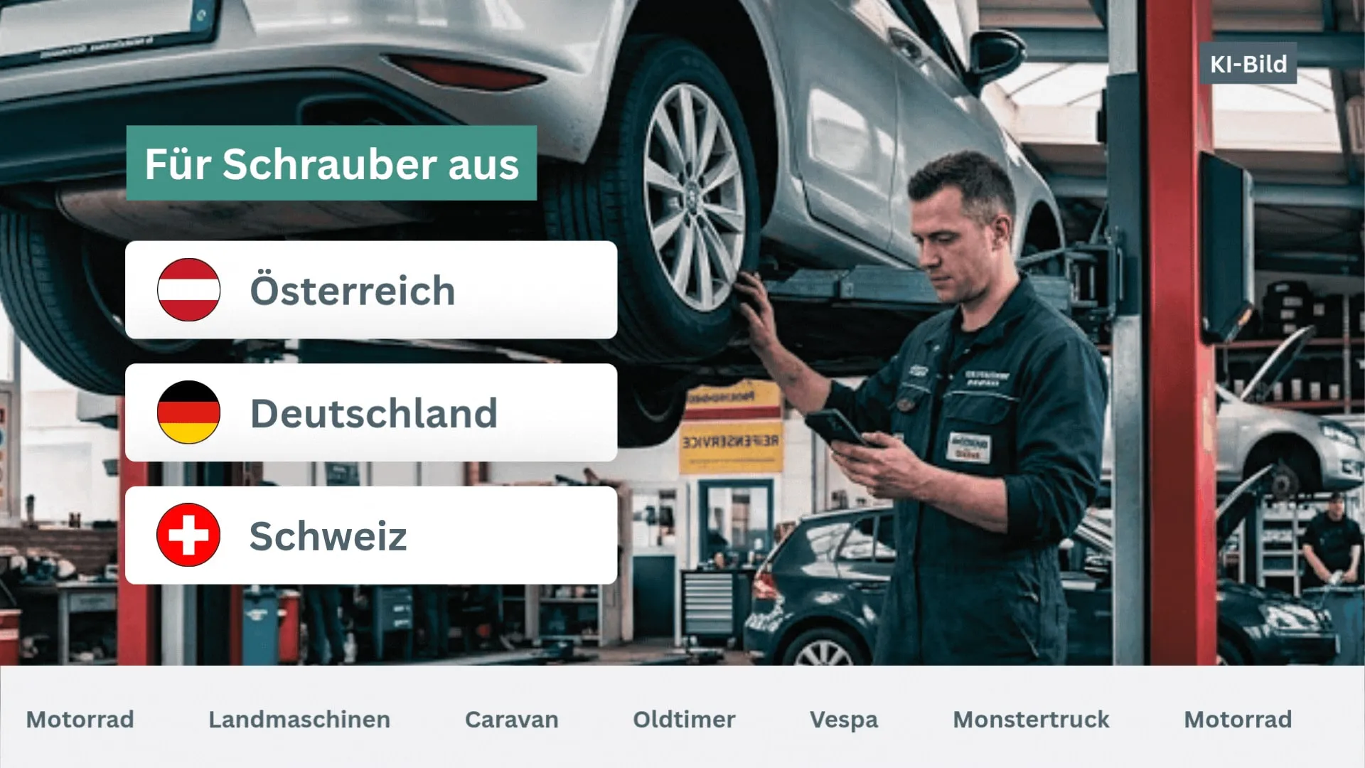 Mechaniker nutzt die Werkstattsoftware am Smartphone. Text: Für Schrauber aus Österreich, Deutschland und der Schweiz – Motorrad, Landmaschinen, Caravan, Oldtimer, Vespa, Monstertruck