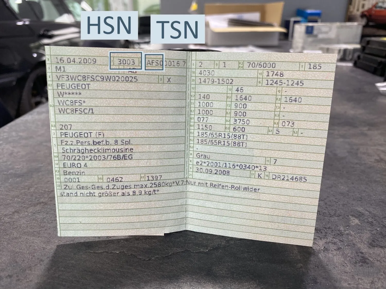 Zulassungsbescheinigung Teil 1 mit markierten Feldern für HSN und TSN