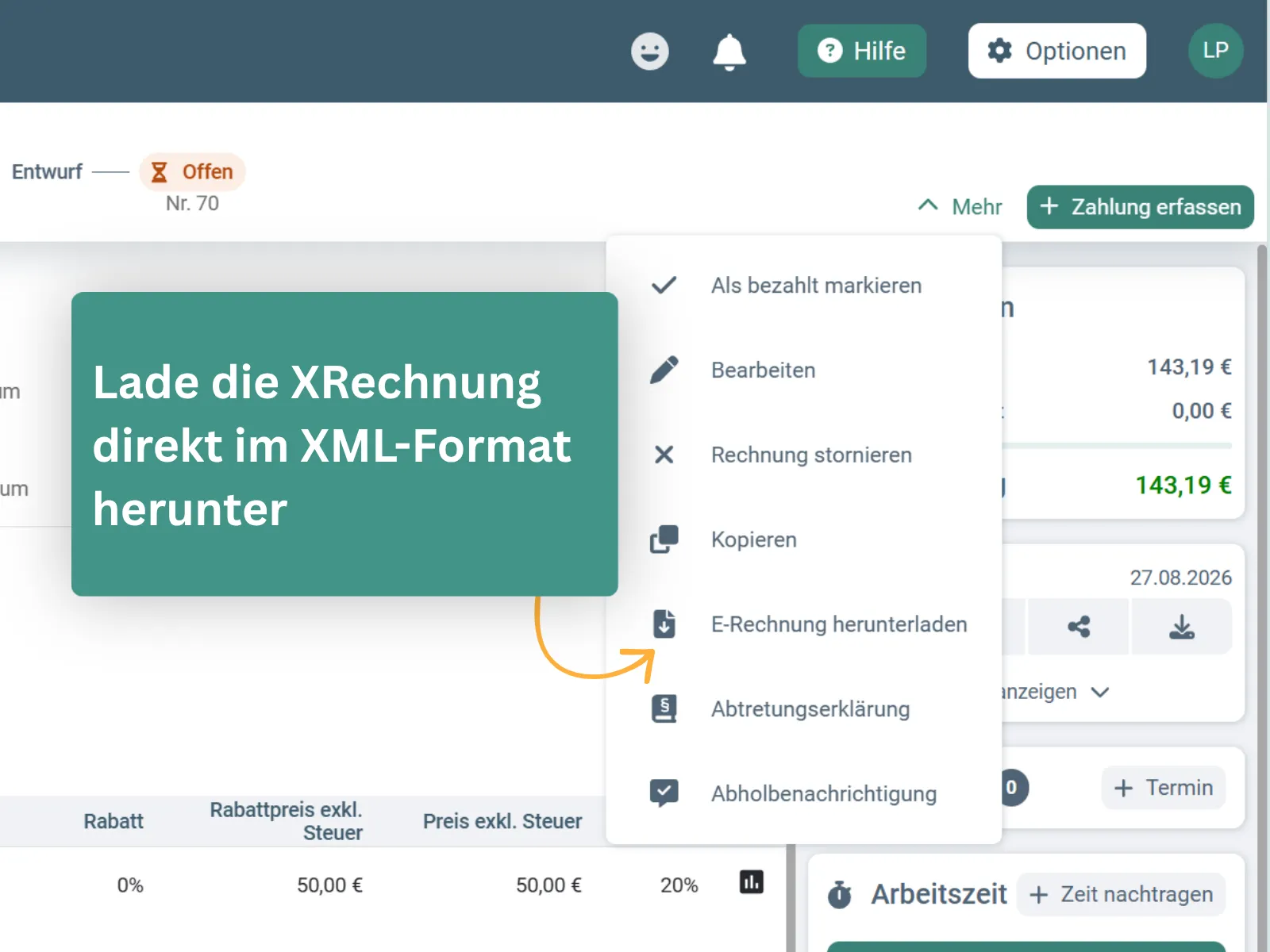 XRechnung im XML-Format direkt aus dem Rechnungsmenü herunterladen