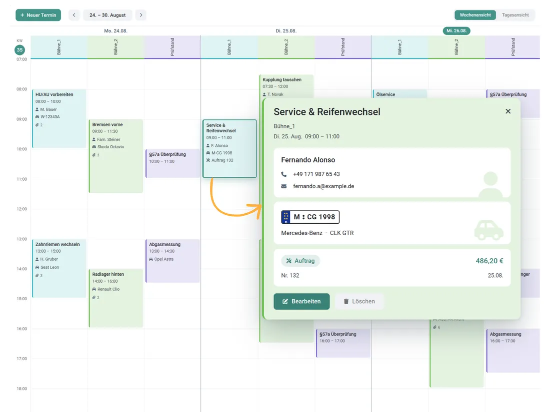 Termindetail mit Kunden-, Fahrzeug- und Auftragsdaten im Werkstattkalender