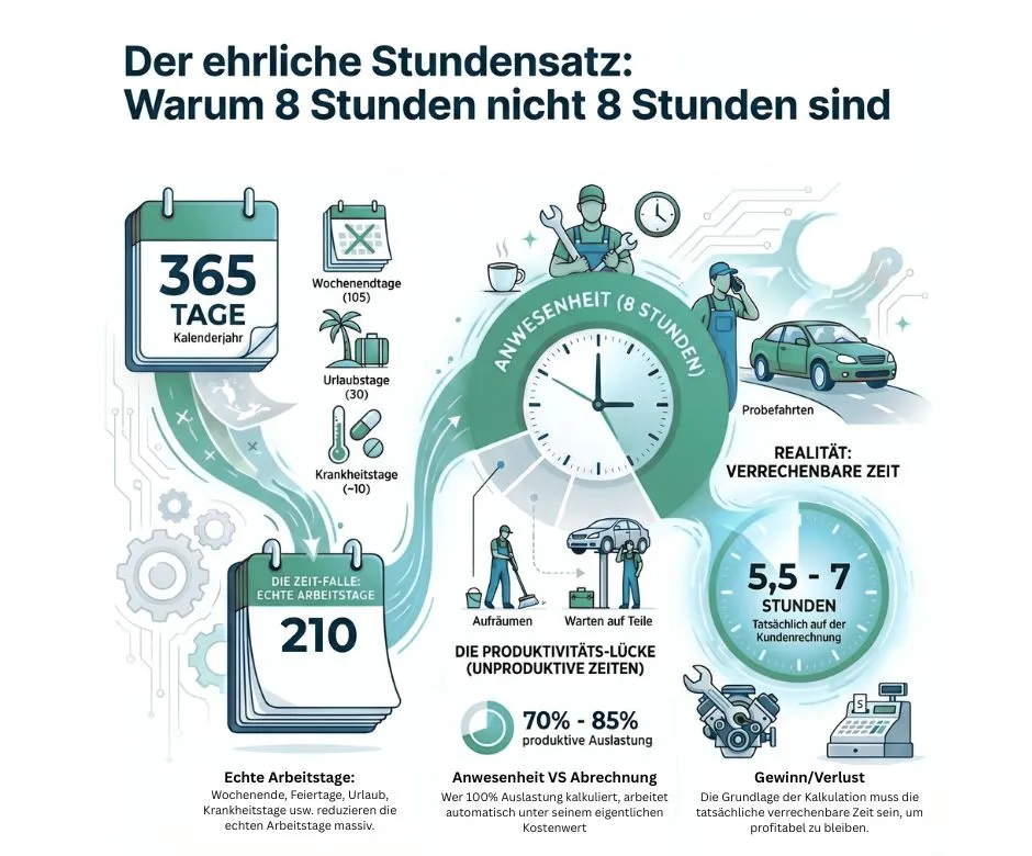 Infografik: Warum 8 Stunden in der Werkstatt nicht 8 verrechenbare Stunden sind